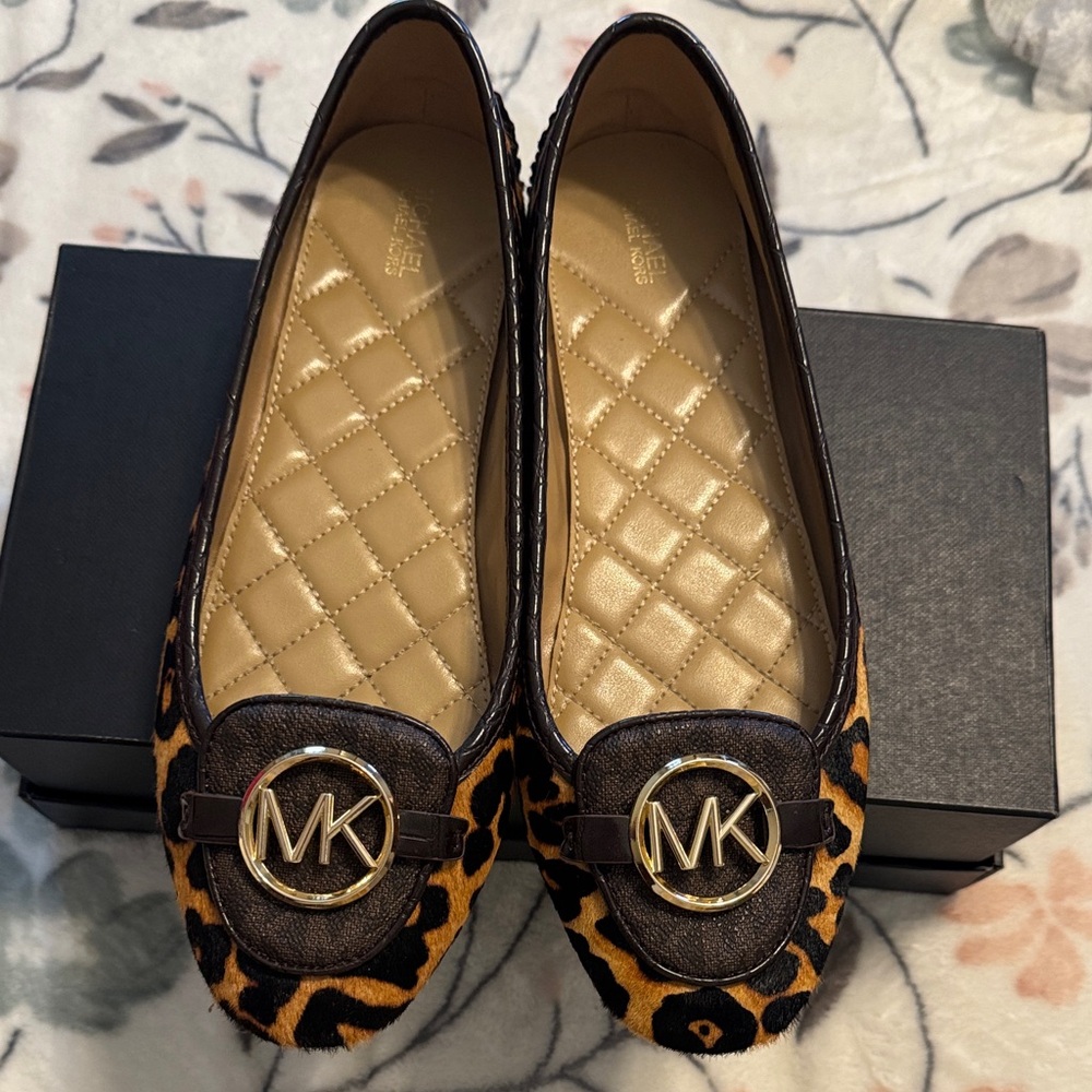 Michael Kors Animal Print Loafers with Gold Accents